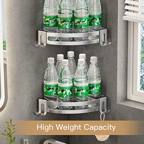 VOLPONE Shower Corner Shelf Caddy 2 Pack shower Organizer No Drill (adhesive mounting, no suction cup) Shower Storage Rust Proof Bathroom Corner Wall Shelf shampoo holder Silver - style: Without Suction Cup Triangle with Hooks 2 Tier Silver