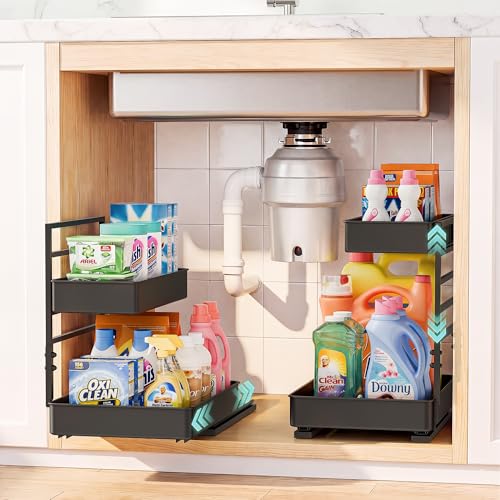 EVERIE Height Adjustable 2 Tier Metal Pull Out Slide Shelf Organizer for Under Sink Cabinets in Kitchen, Bathroom, with Snap-on Top Tray, 16" Deep (Black, 2 Sets) | Pull Out, Slide Shelf - color: Black, size: 2 Sets
