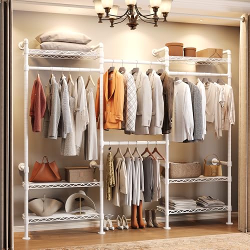 Wall Mounted Garment Rack, Walk-in Closet System with Expandable Rods, Adjustable Shelves, Industrial Pipe Clothing Racks, Hanging Clothes Organizers and Storage, Metal Closet Shelving Wardrobe - color: White