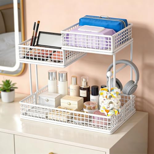 Makeup Organizer Countertop for Vanity, 3 Tier Metal Bathroom Countertop Organizers Skincare Storage Holder Perfume Cosmetic Display, Multi-Use Storage Rack for Bathroom, Kitchen & Bedroom (White) - color: White