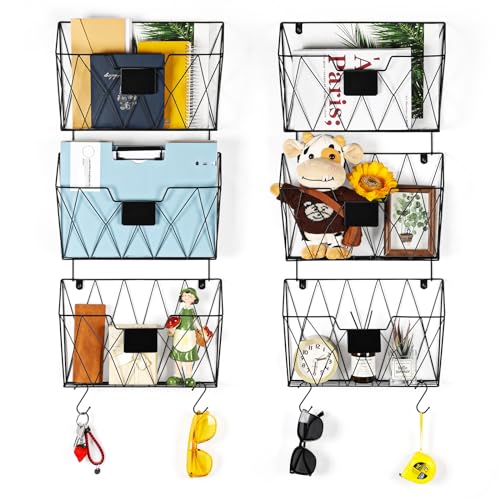 OYEAL Hanging Wall File Organizer, 6 Pockets Wall File Holder, Metal Mail Organizer Wall Mounted with Hooks for Papers, Folders, Office Magazine Rack, Black