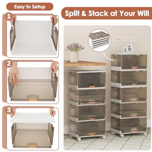 Giantex 5 Tier Stackable Storage Bins with Lids, 22.5 Gal Foldable Shoe Storage Box with Detachable Wheels & Flip-Up Doors, Collapsible Closet Organizers and Storage Bins - size: 22.5Gal-5Pack