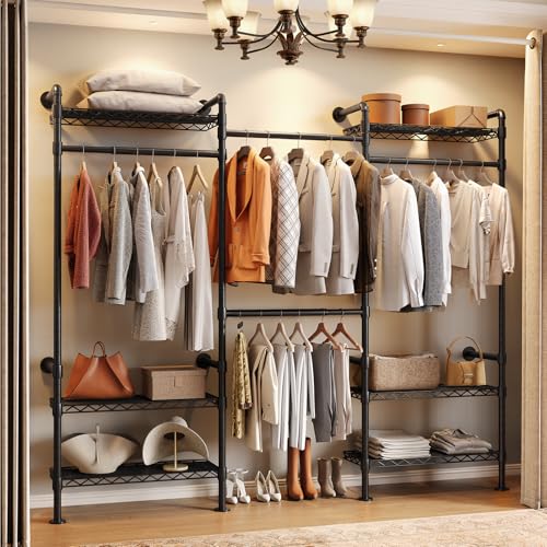 Wall Mounted Garment Rack, Walk-in Closet System with Expandable Rods, Adjustable Shelves, Industrial Pipe Clothing Racks, Hanging Clothes Organizers and Storage, Metal Closet Shelving Wardrobe - color: Black