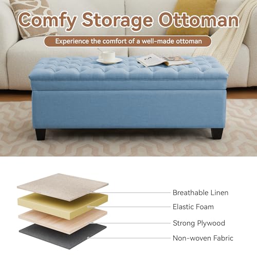 WUTUTUEE 51" Fabric Storage Ottoman Bench, Upholstered Rectangle End of Bed Storage Ottoman Tufted Living Room Bedroom Bench with Safety Hinge, Solid Wood Legs, Loads 500 lb(Light Blue) - color: Light Blue-fabric