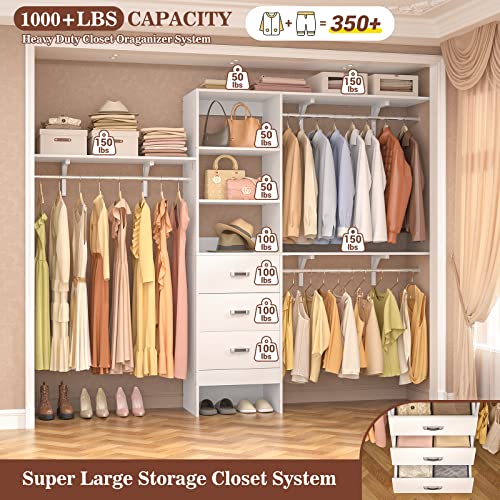 Armocity 96 Inches Closet System, 8FT Walk In Closet Organizer with 3 Shelving Towers, Heavy Duty Clothes Rack with 3 Drawers, Built-In Garment Rack, 96" L x 16" W x 75" H, Max Load 1000 LBS, White - color: White