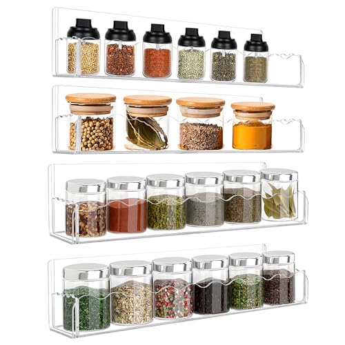 12 inch Spice Rack Wall Mounted,4 Pack Spice Organizer Shelf for Stove Cabinet Pantry Door, Adhesive or Screw Hanging Wall Spice Shelf Storage Holder in Kitchen and RV - Clear Color - color: Clear, size: 12"