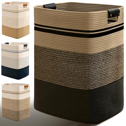 Laundry Hamper, 95L Tall Laundry Basket with Leather Handles, Rectangle Large Clothes Hamper for Organizing, Cotton Woven Laundry Baskets Storage Hampers for Bedroom, Nursery, Living Room - color: Jute& Black, size: 95L