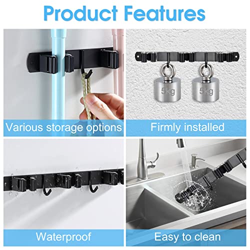 Huryfox Mop and Broom Holder Wall Mounted - Sturdy Stainless Steel Rack with Utility Hooks, 4 Racks, 3 Hooks Adjustable Design and Multiple Storage Organiser Options, Perfect for Kitchen, Laundry - size: 4 Racks and 3 Hooks