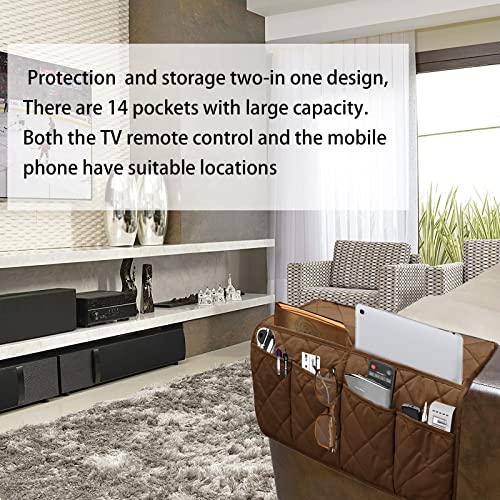 Armchair Caddy, Sofa Armrest Organizer with 14 Pockets, Waterproof Non Slip Recliner Remote Control Holder, Couch Chair Arm Storage for TV Remotes, Phone, iPad, Magazine, Books - color: Coffee