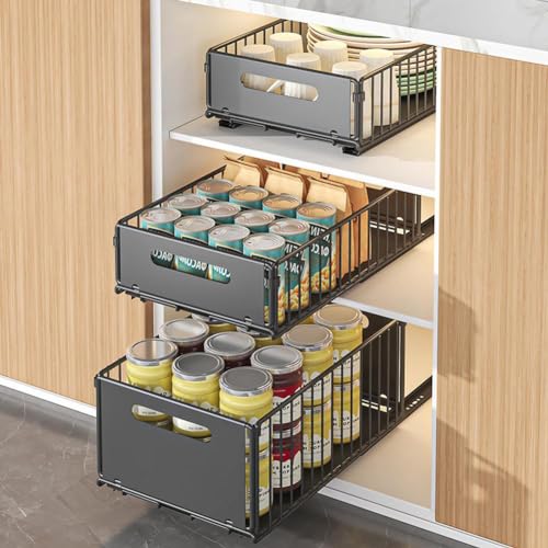 Pull Out Cabinet Organizer, Slide Out Cabinet Organizer Heavy-Duty Carbon Steel Expandable Drawer Adjustable Sliding Shelf Under Sink Rack Shelf for Kitchen Pantry Bathroom Closet - color: black large 2pcs
