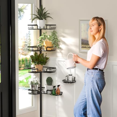 KEGII Shower Caddy Tension Pole – 4-Tier Adjustable Corner Bathroom Organizer Shelves with 2 Soap Holders, Hooks, Floor to Ceiling Storage Rack for Families & Renters, 25-114.2 Inch - style: Tension Caddy with Soap Holder（Black）
