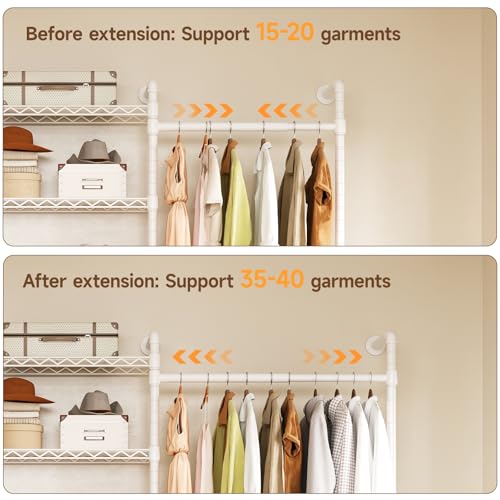 ONBRILL L7 Wall Mounted Industrial Pipe Clothing Rack – Heavy Duty Modular Closet System with 9 Hanging Rods ( 6 Expandable) & 10 Adjustable Shelves, Corner Garment Rack, Large Wardrobe - White - color: White