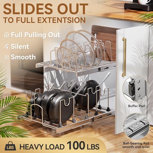 2-Tier Kitchen Pull out Cabinet Organizer for Pots, Pans, and Lid Cookware, Adjustable Heavy Duty Wire Pan and Pot Rack, Full-Extension Rail 15" W *22" D - size: 15W*22D