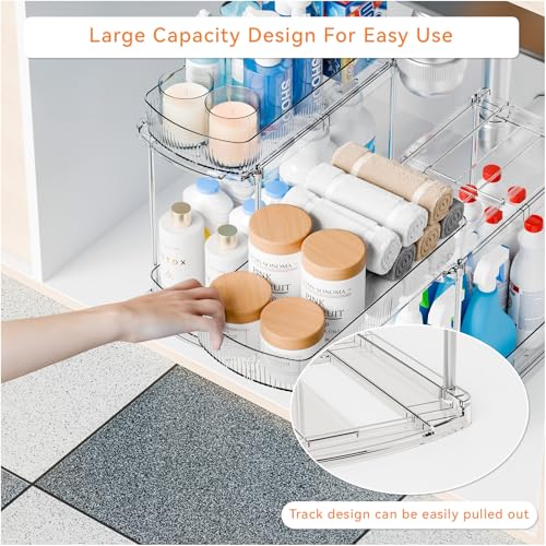Yieach 2 Pack 13.8″ Deep 2 Tier Under Sink Storage Organizer,Large Pull Out Bathroom Organizers and Storage,Slide Out Acrylic Undersink Storage Shelf,Kitchen Under Sink Organizer for Cleaning Products - style: 2 Pack-2 Tier