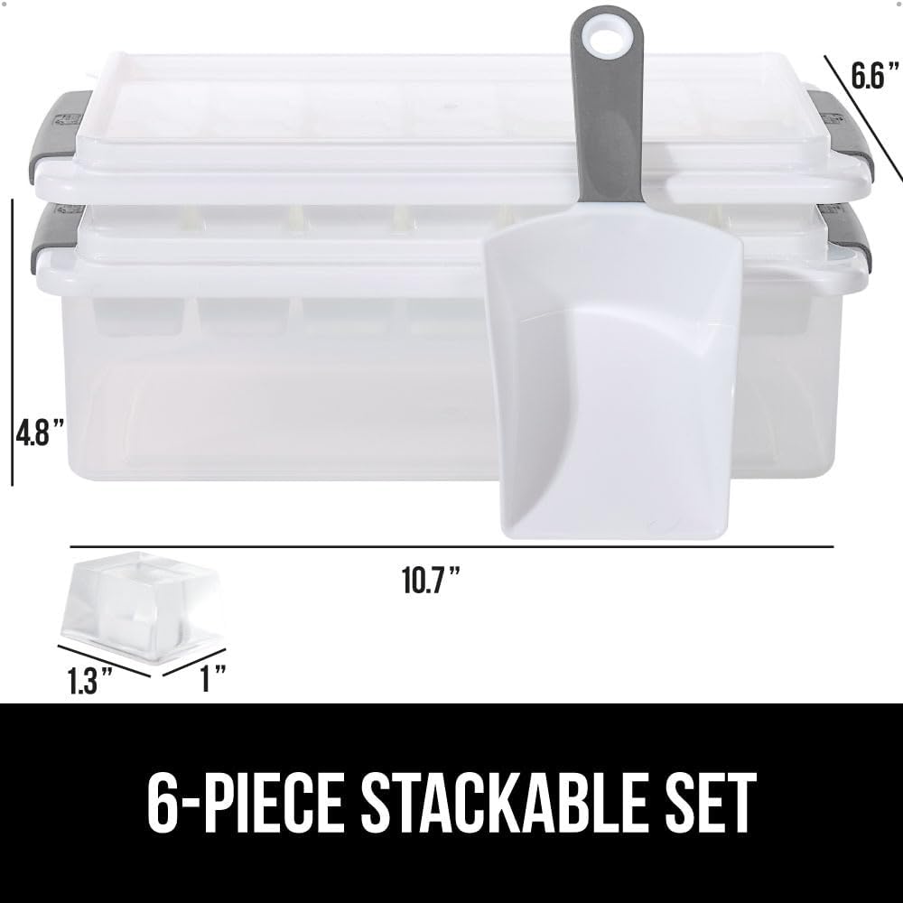 GORILLA GRIP Stackable Ice Cube Tray and Bucket Set for Freezer, Includes 2 Trays with Lid and Scooper, Easy Release, Makes 56 Cubes for Cocktail Soda Coffee, Leak Proof Bin Kit, Kitchen Tool, Gray