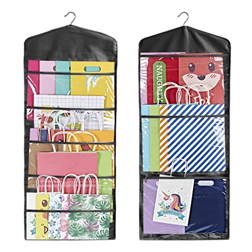 ProPik Hanging Double Sided Gift Bag Storage Organizer with Multiple Front and Back Pockets - Organize Your Gift Wrap, Tissue Paper, and Paper Bags 38 x 16 Inch PVC (Full Black) - color: Full Black