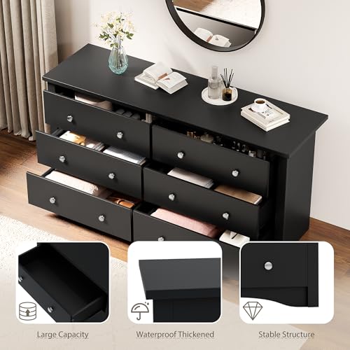YESHOMY 58'' Dresser for Bedroom, 6 Drawer Dressers, Wood Storage Organizers Units, Hallway,Office(Black) - color: Black