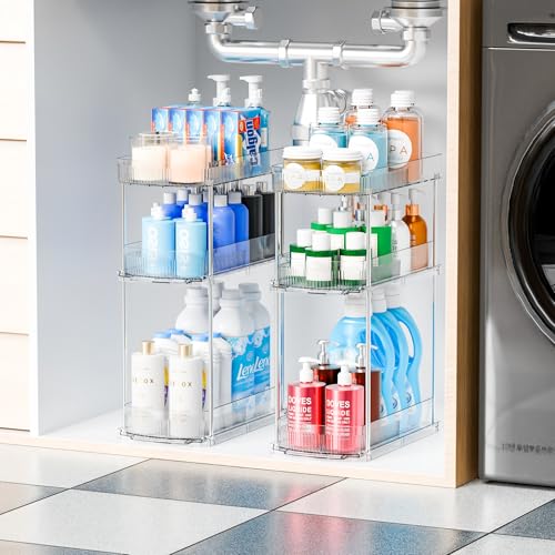 Yieach 2 Pack 13.8″ Deep 3 Tier Under Sink Storage Organizer,Large Pull Out Bathroom Organizers and Storage,Slide Out Acrylic Undersink Storage Shelf,Kitchen Under Sink Organizer for Cleaning Products - style: 2 Pack-3 Tier