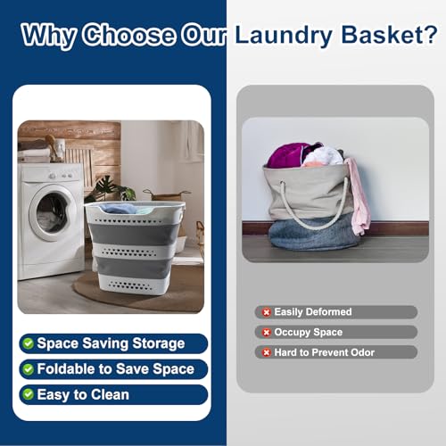 Collapsible Laundry Basket Foldable Pop-Up Laundry Hamper with Comfort Handles Portable Plastic Laundry Storage Basket Organizer Space Saving Dirty Clothes Hamper Container for Home, Dorm (Grey)