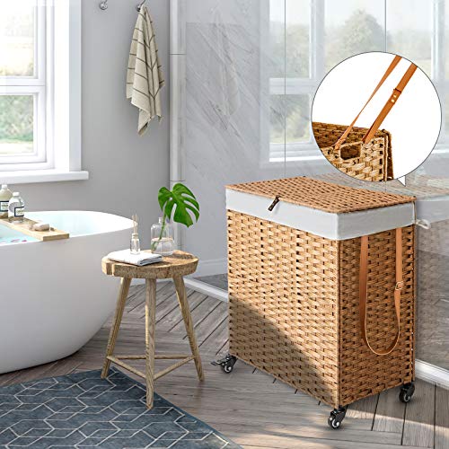 Greenstell Laundry Hamper with Wheels, No Install Needed, 90L Divided Handwoven Hampers & 2 Removable Liner Bags, Synthetic Rattan Clothes Laundry Basket with Lid & Handles, Foldable Hampers Natural - color: Natural, size: 90L: 18.3x13.5x26.4 Inches