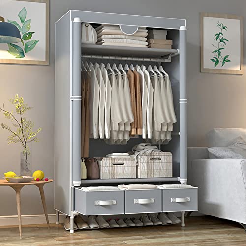 Portable Clothes Closet Rolling Door Wardrobe with Hanging Rack Non-Woven Fabric Storage Organizer with Three Drawer Boxes No-Tool Assembly - 35.4 x 17.7 x 67.0 ‘’ (Gray)