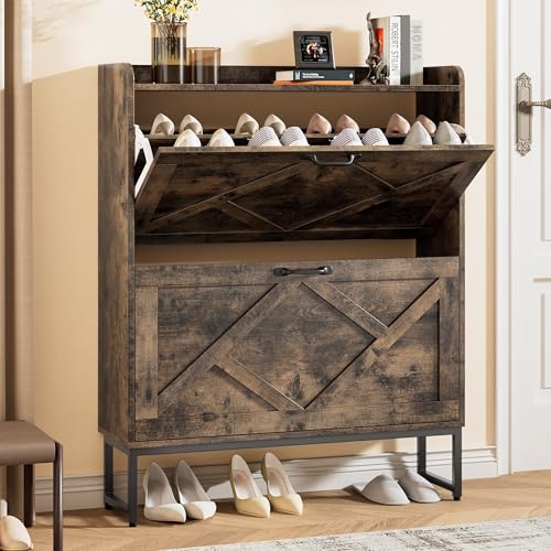 Nicetree Shoe Cabinet with 2 Flip Drawers, Freestanding Shoe Storage Cabinet with Metal Legs, Farmhouse Shoe Organizer for Entryway, Foyer, Hallway - color: Chestnut, style: 2-Drawers