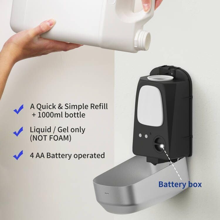 JETWELL Automatic Touch-Less Wall Mount Hand Soap Dispenser Liquid Drop Battery Operated, Brushed Stainless Steel Cover Large Capacity 34OZ/1000ML for Kitchen Home Commercial Bathroom
