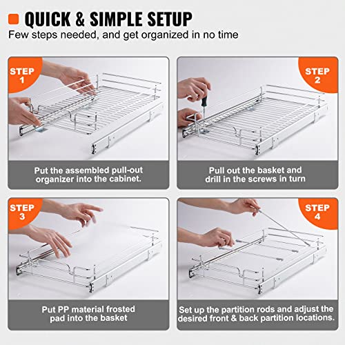 VEVOR 12.5"Wx21"Dx3.5"H Pull Out Cabinet Organizer, Heavy Duty Slide Out Pantry Shelves, Chrome-Plated Steel Roll Out Drawer, Drawer Storage for Home Under Sink, 14"Wx22"Dx7"H Install Size for Cabinet - size: 12.5"Wx21"D