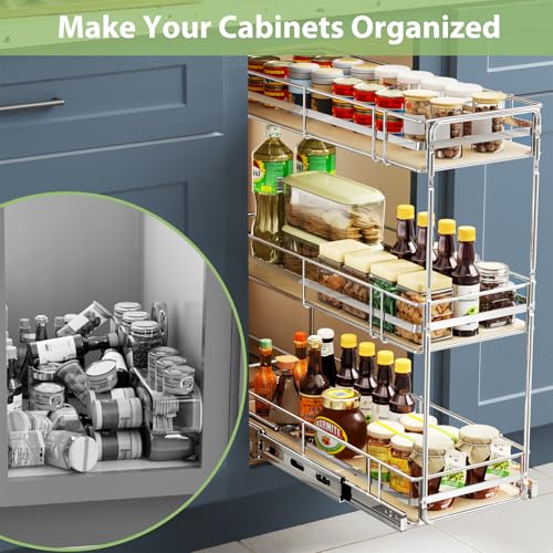 ROOMTEC 3-Tier Pull Out Cabinet Organizer Spice Rack for Narrow Cabinet 6" W x 20½" D, Slide Out Wood Shelves Storage for Kitchen - size: 6" W x 20½" D, 3 Tier, Wood Shelves