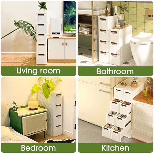 5 Drawers Narrow Storage Cabinet, Slim Bathroom Storage Cabinet, Plastic Rolling Cart Organizer for Small Spaces, Laundry, Office, Home, White - size: 5 Drawer