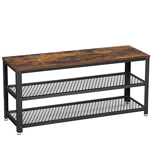 VASAGLE 3-Tier Shoe Rack, Shelf Storage Bench with Metal Mesh Shelves and Seat, Free Standing Shoe Organizer for Entryway, 11.8 x 39.4 x 17.7 Inches, Rustic Brown and Black ULBS078B01 - color: Rustic Brown + Black, size: 39.4"W x 17.7"H, style: Bench