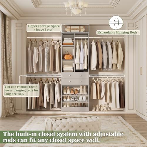 Besiost Closet System, 4.2–8.8 FT Closet Organizer with 2 Wooden Drawers and Shelves, Walk-in Closet System with 5 Hang Rods, Built-in Reach in Closet Tower, Can Fit 60 to 96 inch, Morandi Grey - color: Morandi Grey
