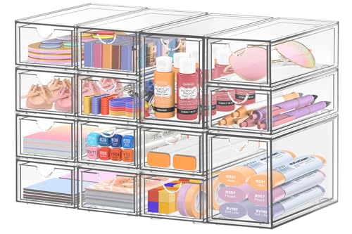 Desk Organizer with 14 Drawers, FODIENS 14 Packs Acrylic Stackable Desktop Storage Drawer Makeup Organizer, Clear Craft Storage Box Cabinets for Office Vanity Countertop Bathroom Bedroom - size: 14 Drawers