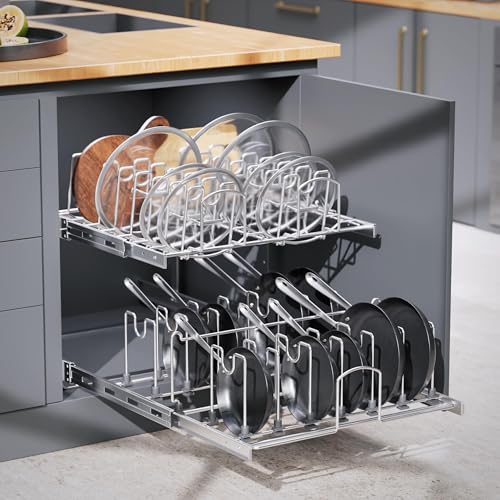 2-Tier Kitchen Pull out Cabinet Organizer for Pots, Pans, and Lid Cookware, Adjustable Heavy Duty Wire Pan and Pot Rack, Full-Extension Rail 15" W *22" D - size: 15W*22D