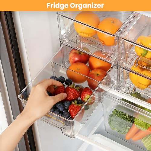 2 Pack Stackable Storage Drawers,Plastic Organizers Bins, Drawers Storage with Handles and Movable Dividers for Organization and Storage in Fridge,Bathroom, Pantry, Kitchen Cabinets, Under Sink - size: 2Pack 4.4"H-with Dividers