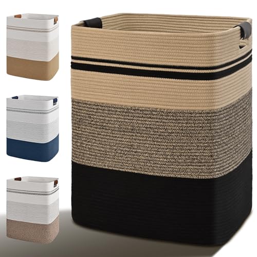 Laundry Hamper, 85L Tall Laundry Basket with Leather Handles, Rectangle Large Clothes Hamper for Organizing, Cotton Woven Laundry Baskets Storage Hampers for Bedroom, Nursery, Living Room - color: Jute& Black, size: 85L