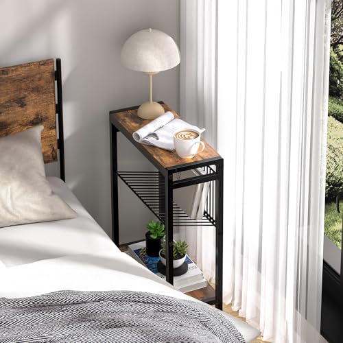 Small Side Table Set of 2 for Small Space, 3-Tier Narrow End Table with Magazine Holder, Slim Nightstand, Skinny Snack Couch Table in Living Room, Bedroom and Balcony (Rustic Brown &Black) - color: Rustic Brown-2pcs
