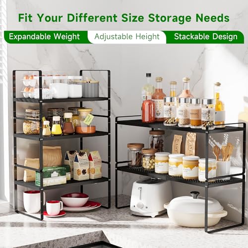 Expandable Kitchen Cabinet Shelf Organizer Rack Heavy Duty Metal Spice Rack Stackable Kitchen Counter Storage Shelf for Kitchen Cabinet Pantry Bathroom (Black - 16.5"-27" L x 8" W x 9.6" H - 2Pack) - color: Black - 16.5"-27" L x 8" W x 9.6" H - 2Pack
