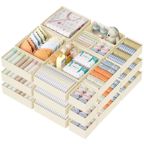 DIMJ Drawer Organizer Clothes 20 Pack - Foldable Baby Organizers and Storage & Dresser Organizer for Bedroom, Closet - Nursery Organization Dresser Dividers for underwear, Sock,Bra, Belt, Tie, Beige - color: Beige, size: 20 Pack