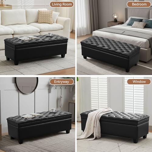 WUTUTUEE 50" Faux Leather Storage Ottoman Bench, End of Bed Upholstered Rectangle Storage Ottoman Tufted Living Room Bedroom Bench with Safety Hinge, Solid Wood Legs, Loads 500 lb(Black) - color: Black