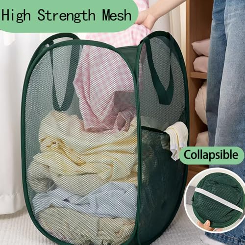 Pop Up Laundry Basket, Collapsible Mesh Laundry Hamper, Vertical Popup Hamper for Laundry, Spacing Saving Storage Basket for Bedroom, Hotel, Cruise, Green - color: Green