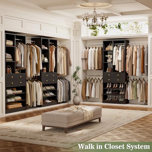 Besiost Closet System, 4.2–8.8 FT Closet Organizer with 2 Wooden Drawers and Shelves, Walk-in Closet System with 5 Hang Rods, Built-in Reach in Closet Tower, Can Fit 60 to 96 inch, Black - color: Black