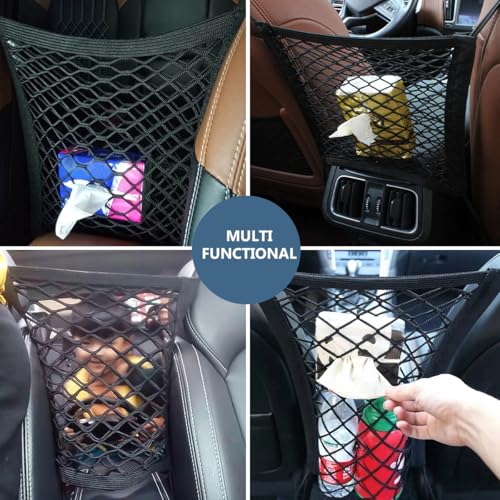 2-Layer Car Mesh Organizer, Seat Back Net Bag Stretchable Barrier of Backseat Pet Kids, Four-Side Elastic Storage Netting Pouch Cargo Tissue Purse Holder Between Front Seats - color: 2-Layer Two-Side