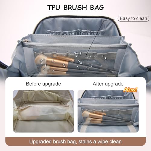 Travel Makeup Bags Organizer for Women: 3 Pcs Set Cosmetic Bag - Large Make up Bag with Compartments - Flat Open Waterproof Leather Toiletry Bags for Skincare, Brushes & Travel Essentials - Beige - color: 02-Beige