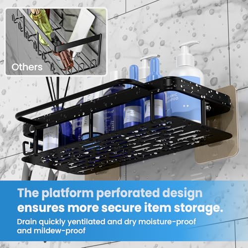 2-Pack Adhesive Shower Caddy – Rustproof Aluminum Black Shower Shelves with Towel Bars & Hooks, No Drill Bathroom Organizers and Storage, Anti-Tip Shower Organizer for Inside Shower - size: 2-Pack