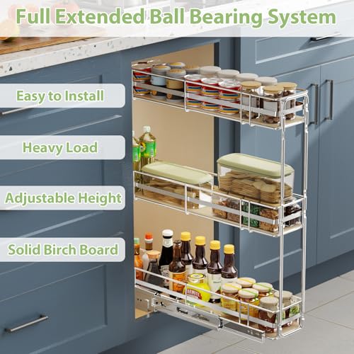 ROOMTEC 3-Tier Pull Out Cabinet Organizer Spice Rack for Narrow Cabinet 6" W x 20½" D, Slide Out Wood Shelves Storage for Kitchen - size: 6" W x 20½" D, 3 Tier, Wood Shelves