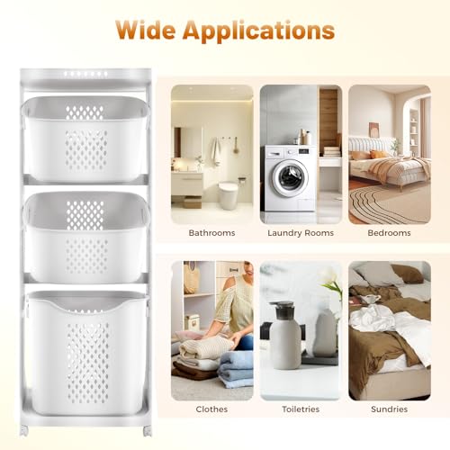 3-Tier Laundry Hamper Sorter, Removable Vertical Rolling Laundry Baskets Stand with Wheel, Stackable Dirty Clothes Cart Organizer and Storage for Small Space, Dorm, Closet, Bathroom (3-Tier)