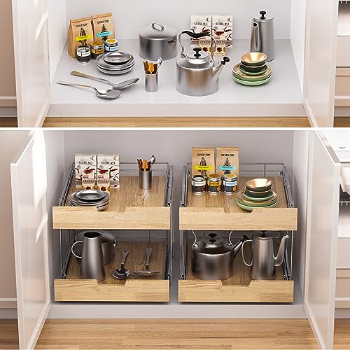 Sikarou Pull Out Cabinet Organizer,Heavy-Duty Slide Out Shelf, Wood and Wire Basket, Pull Out Drawer for for Kitchen Under Sink Space, Pantry, Bathroom, 2 Tie 23 * 21 in - size: 2-TIE 23*21 WM