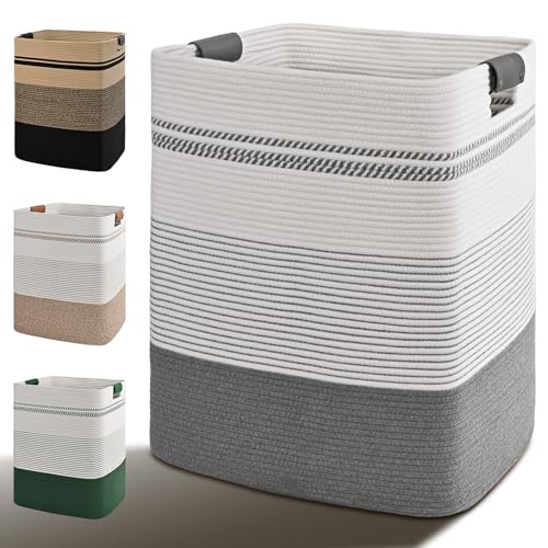 Laundry Hamper, 95L Tall Laundry Basket with Leather Handles, Rectangle Large Clothes Hamper for Organizing, Cotton Woven Laundry Baskets Storage Hampers for Bedroom, Nursery, Living Room - color: Grey, size: 95L