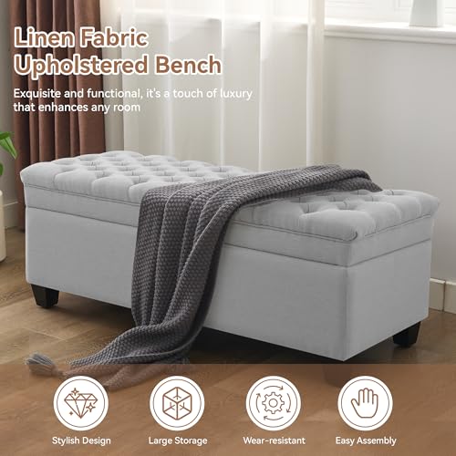 WUTUTUEE 51" Fabric Storage Ottoman Bench, Upholstered Rectangle End of Bed Storage Ottoman Tufted Living Room Bedroom Bench with Safety Hinge, Solid Wood Legs, Loads 500 lb(Light Grey) - color: Light Grey-fabric